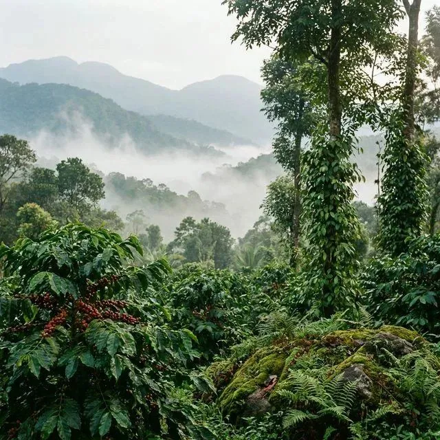 Mist lying over the forested hills of Coorg above a coffee and pepper estate